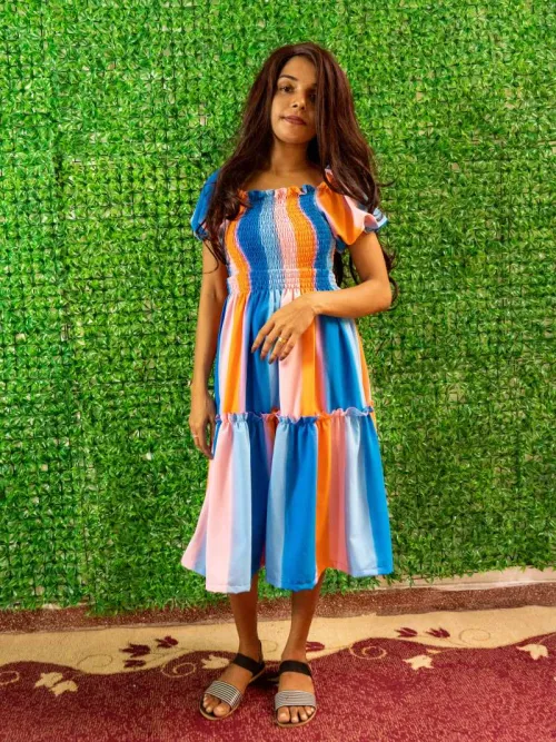 Knee-Length Rainbow Dress with Gathered Front