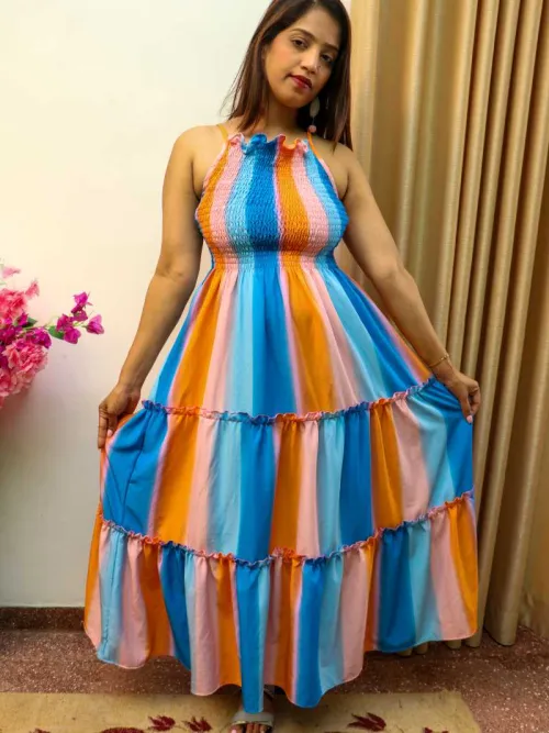 Rainbow Dreams: Sleeveless Dress with Gathered Front Delight-blue