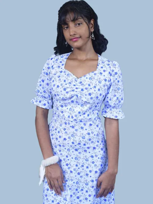 Blue flower long sleaves dress