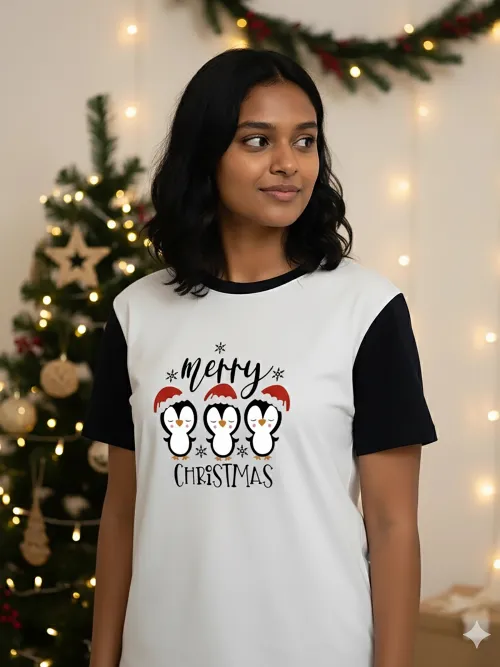 Penguin Christmas Crew Two Tone TShirt | Black | F