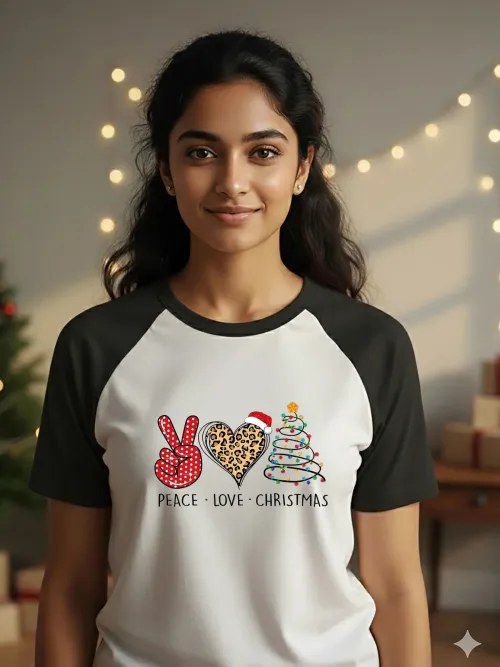 Peace - Love - Christmas Raglan Sleeves TShirt | Black
