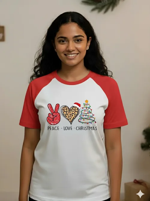 Peace - Love - Christmas Raglan Sleeves TShirt | Red