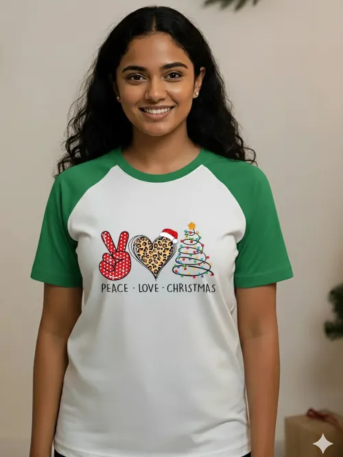 Peace - Love - Christmas Raglan Sleeves TShirt | Green