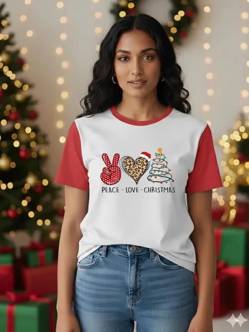 Peace - Love - Christmas Two Tone TShirt | Red