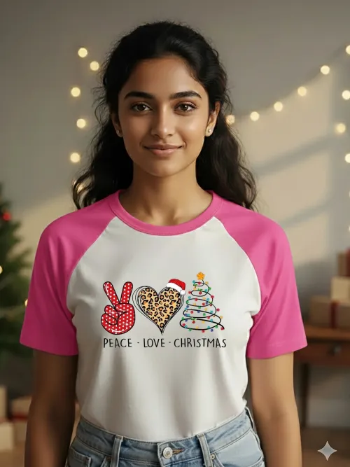 Peace - Love - Christmas Raglan Sleeves TShirt | Pink
